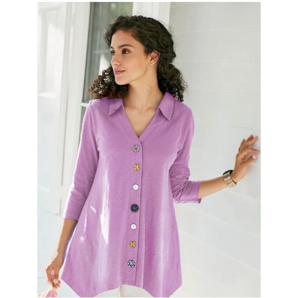 Soft Surroundings Danielle Blouse Blue Decorative Snap Covers Size Large - Picture 10 of 10